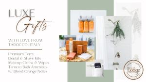 a collage of photos of a bathroom with orange gifts at The Lodge at Kiln Creek Resort in Newport News
