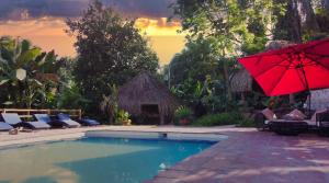 a swimming pool with a red umbrella and chairs at La Casa White in Prado