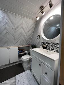 a bathroom with a toilet and a sink and a mirror at Serendib by St Peters Bay in Saint Peters +44 photos