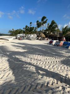 una playa de arena con sillas y palmeras. en Arena Confort, en Punta Cana