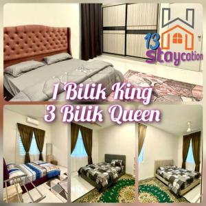 a collage of three pictures of a bedroom at 13StayCation Islamic Homestay in Melaka