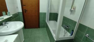 a green and white bathroom with a shower and a sink at Casa OASI in Formia +24 photos