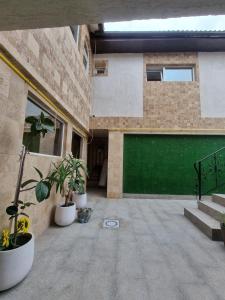 a building with two potted plants and a green garage at Vila Theo in Mangalia
