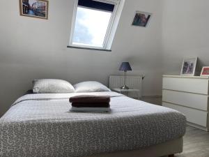 una camera bianca con un letto e una finestra di CHARME VIEUX LILLE Apartment 1 chambre 24H24H Access a Lille