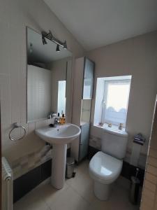 a bathroom with a sink and a toilet and a mirror at alMirante Burgos Centro Tranquila y con encanto Como en casa in Burgos