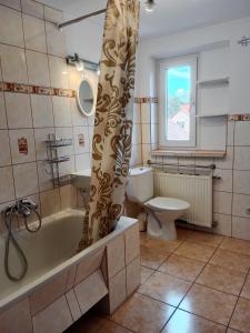 La salle de bains est pourvue d'une baignoire, de toilettes et d'un rideau de douche. dans l'établissement Owocowe Wakacje - Apartament nad jeziorem, à Mikołajki
