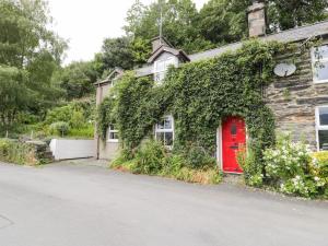 una casa cubierta de hiedra con una puerta roja en una calle en Bodorwel Cottage en Penrhyndeudreath