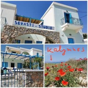a collage of photos with red flowers in front of a building at Sevasti Studios in Panormos Kalymnos