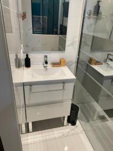 y baño blanco con lavabo y ducha. en Appartement en rez de jardin tout équipé en Fleurance