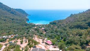 an aerial view of a mountain with the ocean at Tree Houses Hotel in Fethiye