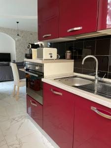 uma cozinha com armários vermelhos e um lavatório em Incantevole Appartamento - Sentiero al Mare em San Benedetto del Tronto