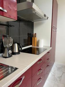 a kitchen with pink cabinets and a stove at Incantevole Appartamento - Sentiero al Mare in San Benedetto del Tronto