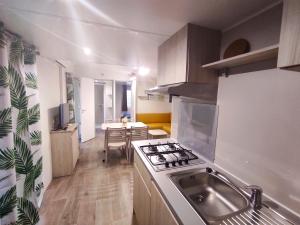 uma cozinha com um lavatório e um fogão forno superior em Family's Camping Le Savoy em Challes-les-Eaux