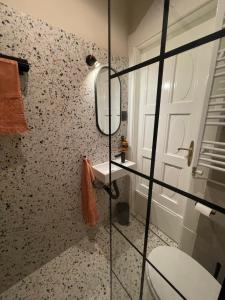a bathroom with a glass shower with a toilet and a sink at Apartman Vasia Subotica in Subotica