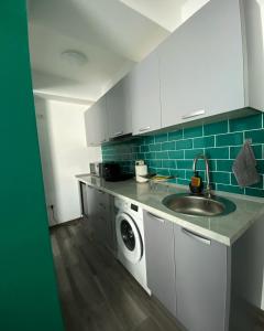 uma cozinha com um lavatório e uma máquina de lavar roupa em Green Studio em Mamaia Nord – Năvodari