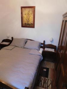 1 dormitorio con 1 cama y una foto en la pared en Kamnita hiša Stari klesar, en Ilirska Bistrica