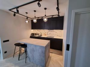 a kitchen with a island in the middle of a room at Modernūs apartamentai Šventojoje 100m iki jūros in Palanga