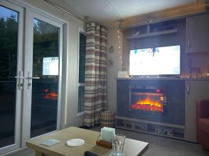 a living room with a fireplace and a tv at Carre Retreat with private hot tub in Felton