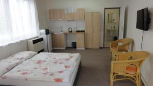 a small room with a bed and a kitchen at Penzion U Hradeb in Znojmo