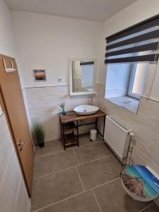 a bathroom with a sink and a mirror at Fewo am Reiterhof in Quedlinburg