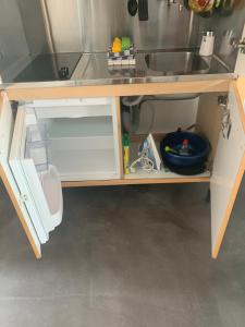 eine kleine Küche mit einer Spüle und einer Theke in der Unterkunft Luxe appartement met sauna in Drachten