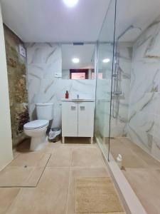 a bathroom with a toilet and a glass shower at Out of Town in Castelo de Paiva