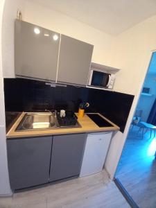 Una pequeña cocina con fregadero y microondas. en Studio Balcon Proche Hypercentre de Narbonne, en Narbona