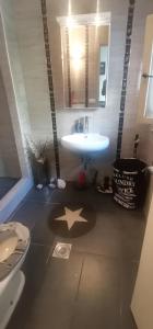 uma casa de banho com lavatório e uma estrela no chão em APARTMAN SLAVUJ em Karaburma