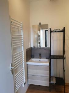 a bathroom with a sink and a mirror at Appartement 4/6 pers, jardin, 6 km de la plage in Saint-Julien-en-Born