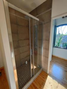 a shower stall in a room with a window at Appartement 4/6 pers, jardin, 6 km de la plage in Saint-Julien-en-Born +21 photos