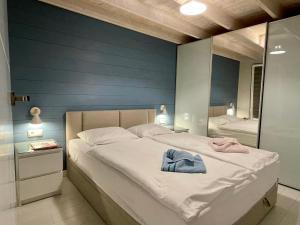 a bedroom with blue walls and a bed with a mirror at Baltic Waterfront Yacht House in Świnoujście