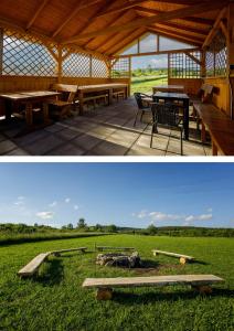 dos fotos de un pabellón con mesas y bancos en Agroturystyka ''Relax'', en Chęciny