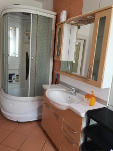 a bathroom with a shower and a sink and a mirror at Casa Marius in Braşov