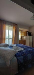 um quarto com uma cama com um cobertor azul em Villa Madani em Durrës