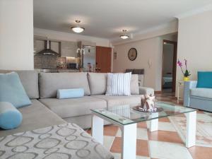 ein Wohnzimmer mit einem Sofa und einem Tisch in der Unterkunft Blue Lagoon Luxury Apartment G2 in Argostoli