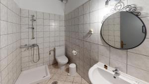 a bathroom with a toilet and a sink and a mirror at Hotel Akropolis in Syvota