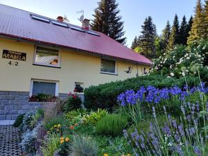 dom z ogrodem z kwiatami przed nim w obiekcie Pension Arabela w mieście Harrachov