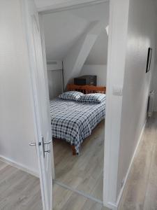 a bedroom with a bed and a door with a mirror at Les Combles in Rosny-sous-Bois
