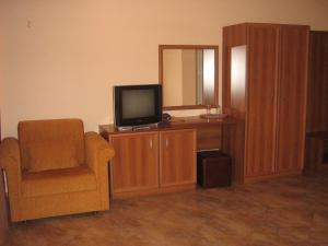 a living room with a chair and a television at Family Hotel Yola in Chepelare