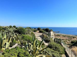 a garden with plants and the ocean in the background at Villa Sebastian- Incomparabile vista sul mare in Siracusa