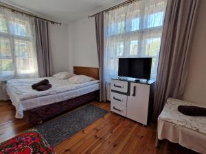 a bedroom with two beds and a flat screen tv at Willa Pod Piórem in Zakopane