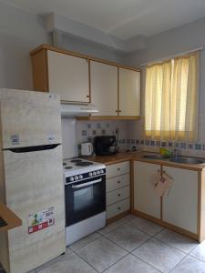 małą kuchnię z kuchenką i lodówką w obiekcie Apartment by the sea in Xilokastro w mieście Xylokastron