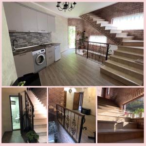卡瓦里亞提的住宿－Villa Kolkhi，厨房以及带楼梯的客厅。