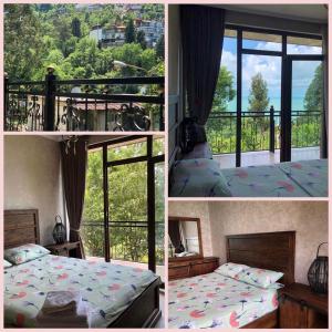 three pictures of a bedroom with a bed and a balcony at Villa Kolkhi in Kvariati