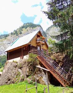 a house on top of a mountain with a staircase at Il nido (Cica) in Sottoguda