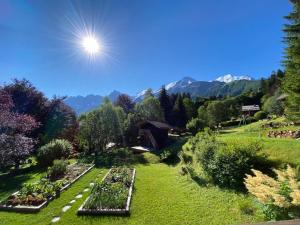 uitzicht op een tuin met bergen op de achtergrond bij Chambres d'hôtes - B&B - Chalet Mountain Vibes in Les Houches