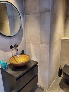La salle de bains est pourvue d'un lavabo et d'un miroir. dans l'établissement Super de luxe privékamer op een toplocatie - Room 2, à Egmond aan Zee