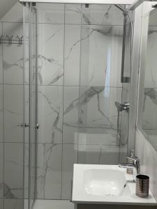 a bathroom with a glass shower and a sink at Mazoji vila in Birštonas