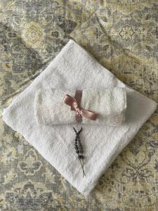 a white napkin with a pink bow on it at Apartman Tara in Subotica