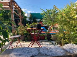 Apartman Katarina في زغرب: طاولة وكراسي في حديقة بها نباتات